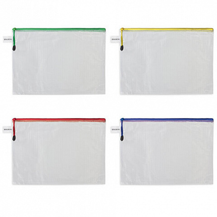 Папка-конверт СУПЕР КОМПЛЕКТ на молнии ПЛОТНЫЕ 4 штуки А4, сетчатая, BRAUBERG, 271348